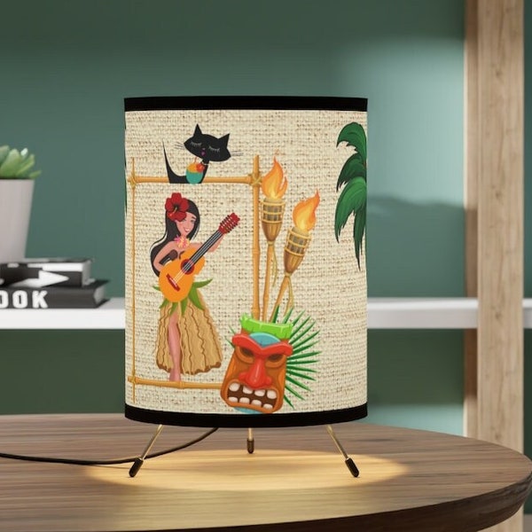 Retro Hawaiian, Tiki Bar, Tiki Décor Lamp, Atomic Cat, Palm Trees, Parrots, Tropical Mid Mod, MCM Tripod Lamp