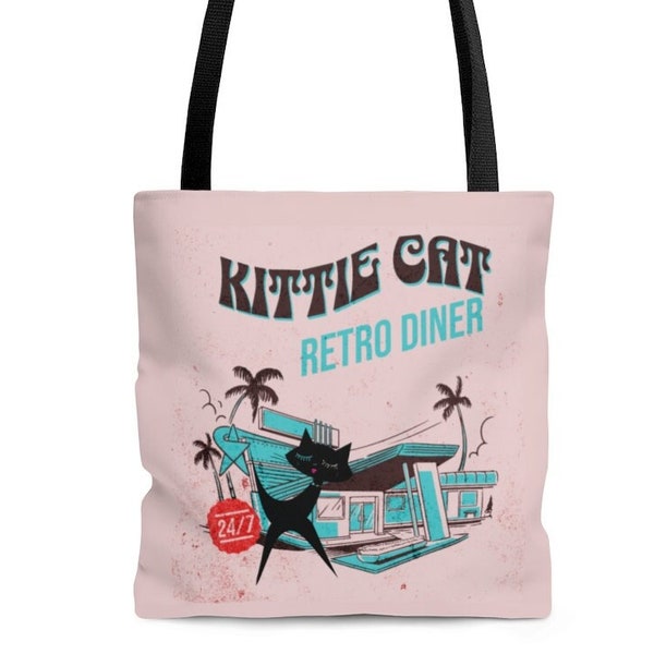 Atomic 50's Pink, Distressed Red, Retro Kittie Cat Diner, Mid Mod, Aqua Blue Accents, Shopping, Kicking Around Tote Bag