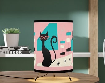 Atomic 50's Mod Cat, Retro Office, Desk Cubicle, Living Room, Bedroom, Mid Mod, Pink, Aqua Blue, MCM Tripod Lamp