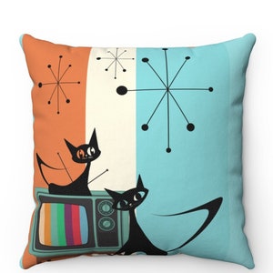 Atomic Cat Retro Colored TV, Starburst, Mid Century Modern, Aqua, Orange, Cream Groovy Square Pillow Case ONLY