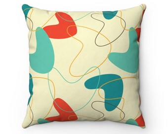 Abstract Mustard Yellow Cream and Minty Green Retro Mid Century Modern Spun Polyester Square Pillow