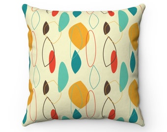 Abstract Mustard Yellow Cream and Minty Green Retro Mid Century Modern Spun Polyester Square Pillow