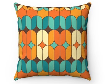 Abstract Mustard Yellow Cream and Minty Green Retro Mid Century Modern Spun Polyester Square Pillow
