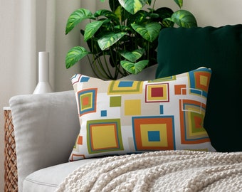 Abstract Mustard Yellow Cream and Minty Green Retro Mid Century Modern Spun Polyester Square Pillow