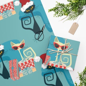 Atomic Cat Black And White Retro Kitty Christmas Mid Century Modern Boomerang Blue Wrapping Paper