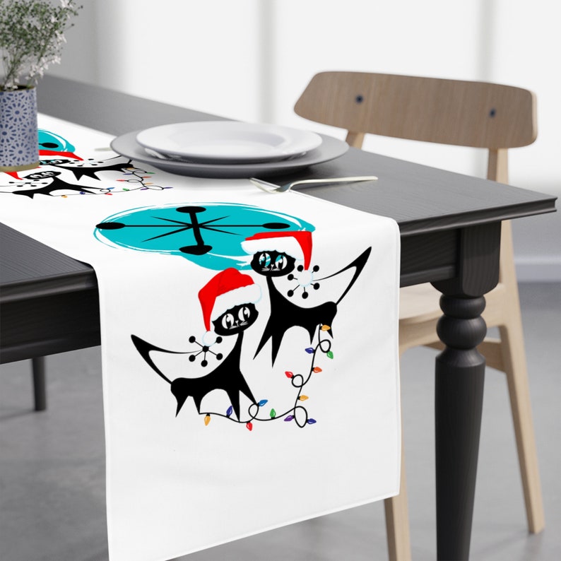 Atomic Cats Kitchen, Dining Room, Black Cat, Retro Christmas Mid Century Modern White MCM Designs Table Runner image 1