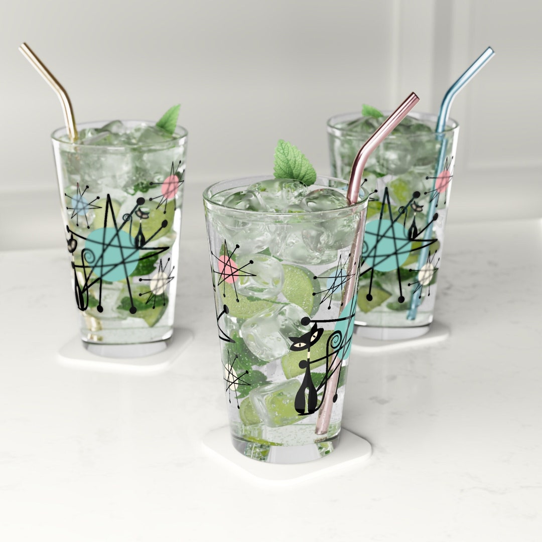 Mid Century Modern Glassware Atomic Kitschy Black Cat Pint Glass, Beer