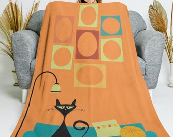 Atomic Cat Blanket, Retro Orange, Mid Century Atomic Cat On Couch Geometric Design Orange THIN Velveteen Blanket