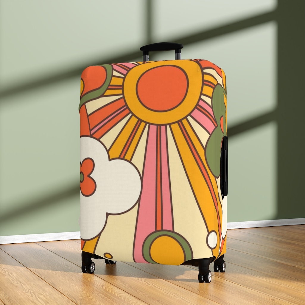Luggage Cover For Women, Retro 70's Groovy, Pink, Orange Yellow Hippie, Boho Sun