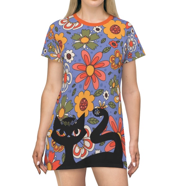 70's Disco Retro Party Dress, Mod Daisy, Purple, Orange Groovy, Hipster Cat, Hippic Chick T-Shirt Dress