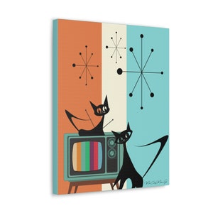 Atomic Cat Retro Colored TV, Starburst, Mid Century Modern, Aqua, Orange, Cream Groovy Canvas Wall Art