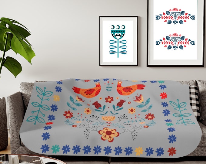 Modern Danish Design, Scandinavian Folk Art Throw, Norwegian Swedish Floral, Simple Nordic Home Decor