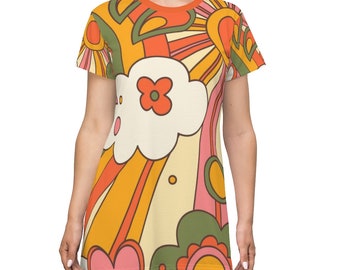 70's Party Dress, Groovy Sun, Flower Power, Hippie, Hipster Vibes, Oranje, Geel, Groen T-Shirt Jurk