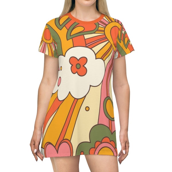 70's Party Dress, Groovy Sun, Flower Power, Hippie, Hipster Vibes, Orange, Yellow, Green T-Shirt Dress