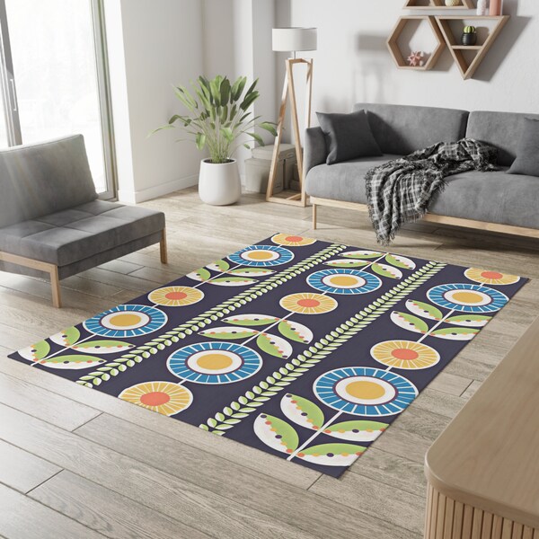 Scandinavian Folk Art Flower Area Rug, Norwegian Folk Art Home Decor Swedish Hygge Nordic Blue, Green, Yellow Living Room, Entry, Mod Rug