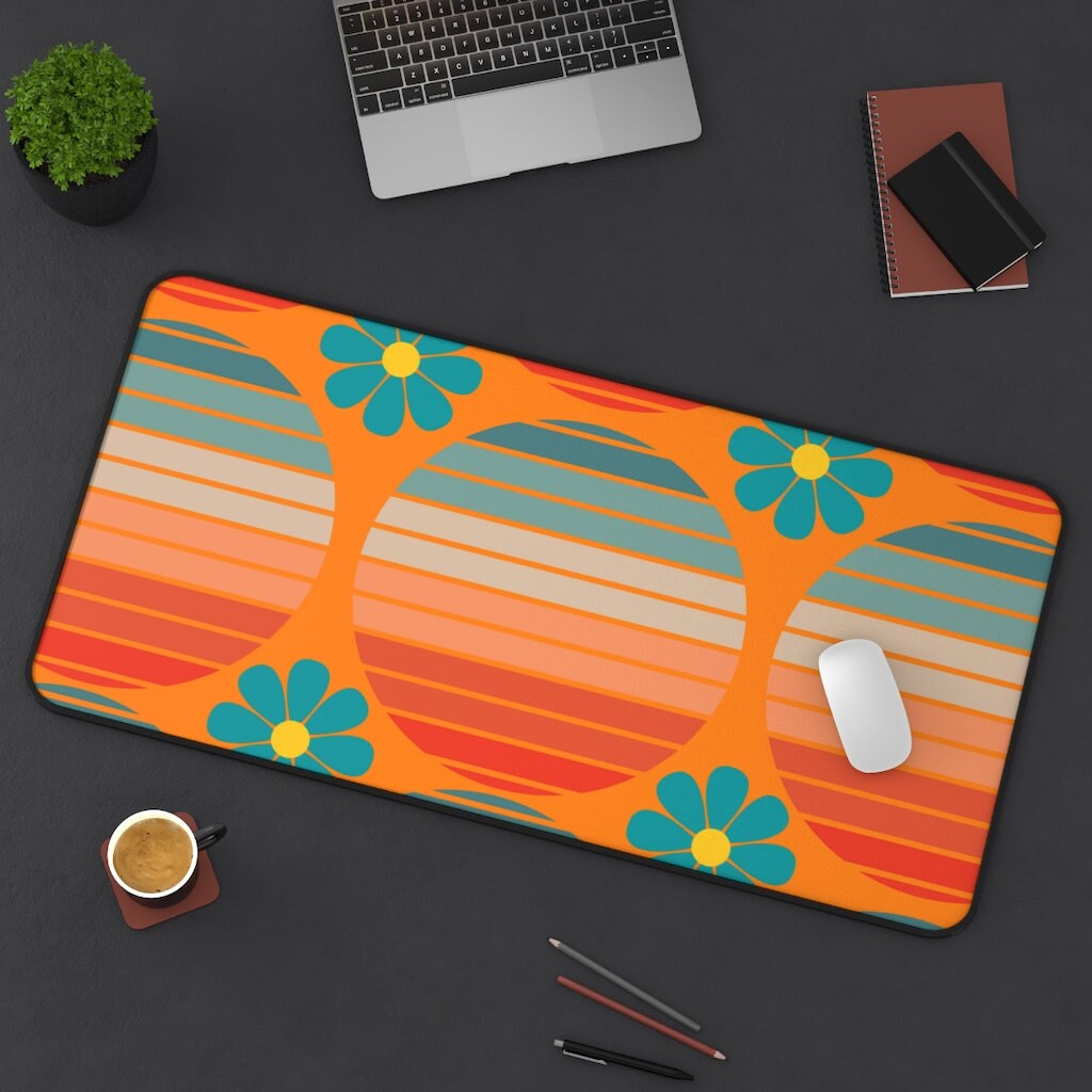 70's Groovy Office Desk Mat Orange Blue Mod Daisy Etsy