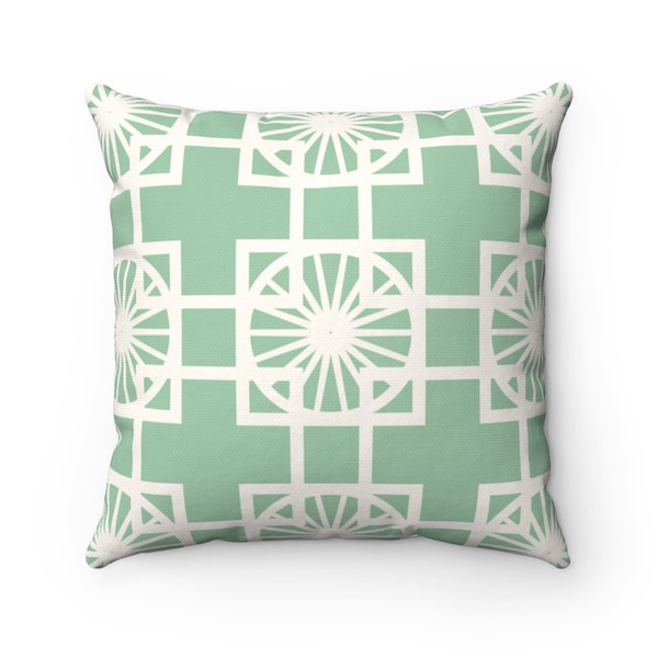 Mid Century Modern, Palm Springs California, Breeze Block Mint Green, Cream White, Mid Mod, MCM Atomic Living Spun Polyester Square Pillow