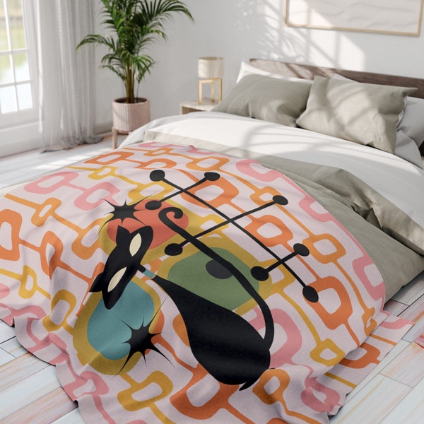 Atomic Cat Blanket, Mid Century Modern Geometric Summer Lightweight Camping Blanket, Throw Blanket For Couch Fleece Blanket