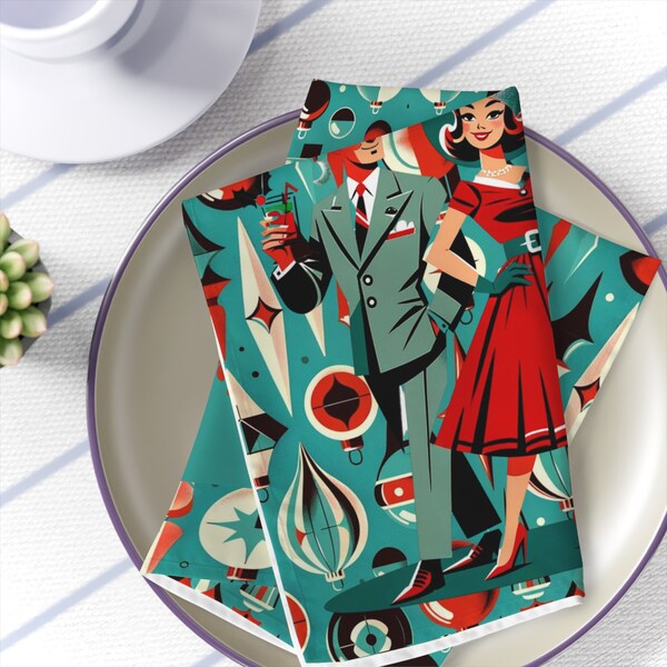 Christmas Holiday Napkins, Cheerful And Bright, Kitschy, Teal, Red, Mid Century Modern 50's Couple, All I Want For Christmas Is You