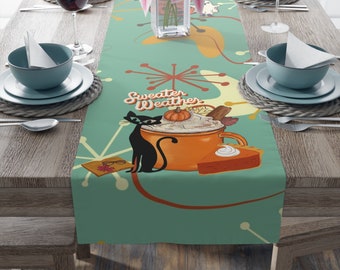 Atomic Cat Kitchen, Diningroom Table Runner, Kitschy Fall, Halloween, Seasonal Mid Century Modern Table Runner