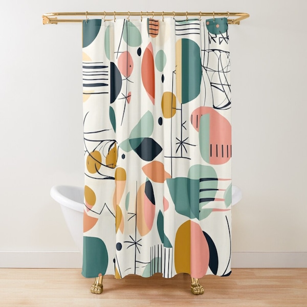 Mid Century Modern Shower Curtain, Abstracts, Geometric, MCM Teal, Orange, Colorful Design