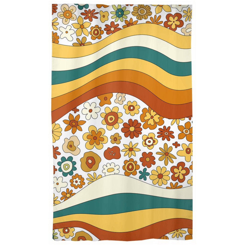 70's Retro Curtains Groovy Mid Mod Brown Yellow Teal Etsy