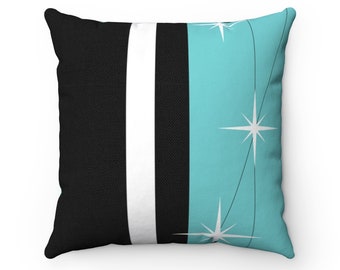Mid Century Modern, Black, Turquoise, White, Starburst, MCM Mid Mod, Atomic Age Living Spun Polyester Square Pillow