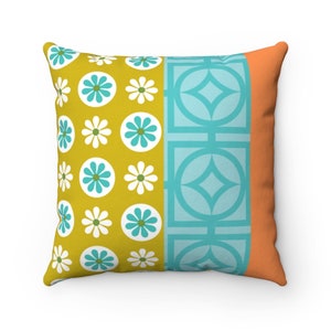 Mod Daisy Breeze Block Lime Green, Turquoise Blue, Orange Retro Mid Century Modern Groovy Spun Polyester  Pillow Case ONLY