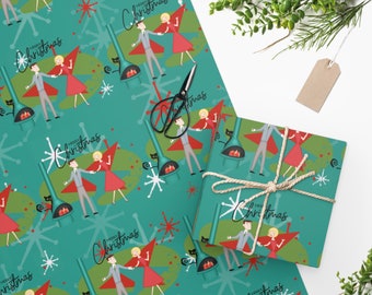 Mid Century Modern Christmas Wrapping Paper. 1950's Vintage, Retro Mid Mod Couple, Atomic Cat Lounge Fun Holiday Decor