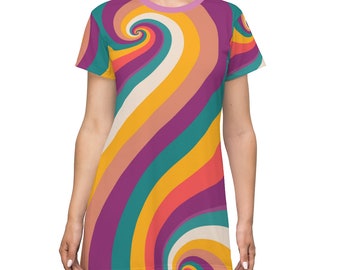 70's Groovy Hipster, Psychedelic Purple, Teal, Yellow, Coral, Beige Hippie Mid Mod Cool T-Shirt Dress