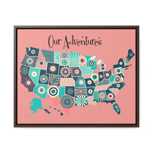 USA Push Pin Travel Map, Our Adventures, Mid Century Modern Atomic Pinks, Aqua, Mid Mod Office, Den, Gallery Wall Canvas Art