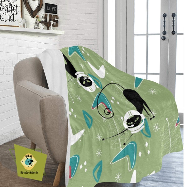 Atomic Cat Designs, Quirky, Kitschy, Lost in Space Cat, Mid Century Modern Boomerangs, Starburst, Green, Teal MCM Sherpa Fleece Blanket