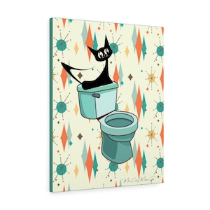 Retro Bathroom, Atomic Cat, Franciscan Starburst 50's Mint Green Cat Lover Canvas Wall Art