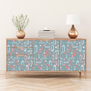 Mid Century Modern Wall Paper, Ice Blue, Pink, Coral, Geometric Designs, Atomic Starburst MCM Retro Home Peel And Stick