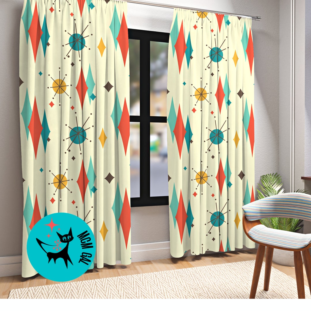 Mid Mod Curtains, Beige, Yellow, Burnt Orange, Teal, Atomic Retro ...