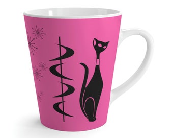 Atomic Cat, Retro Hot Pink Atomic 50s's Boomerang, Starburst Black Cat Mid Modern Latte Mug