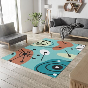 Mid Century Modern Retro Atomic Living Room Rug, Abstract, Geometric, Starburst, Aqua Blue, Coral, White, Black, Light Green, Groovy Rug