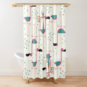 Flamingo Shower Curtain, Palm Spring Cali Style, Atomic Cats, Whimiscal Quirky Mid Century Modern Starburst Bath Decor