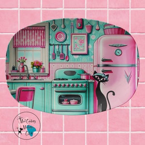 Kitschy 50's Atomic Pink And Aqua Kitchen, Atomic Cat Retro MCM Party Platter