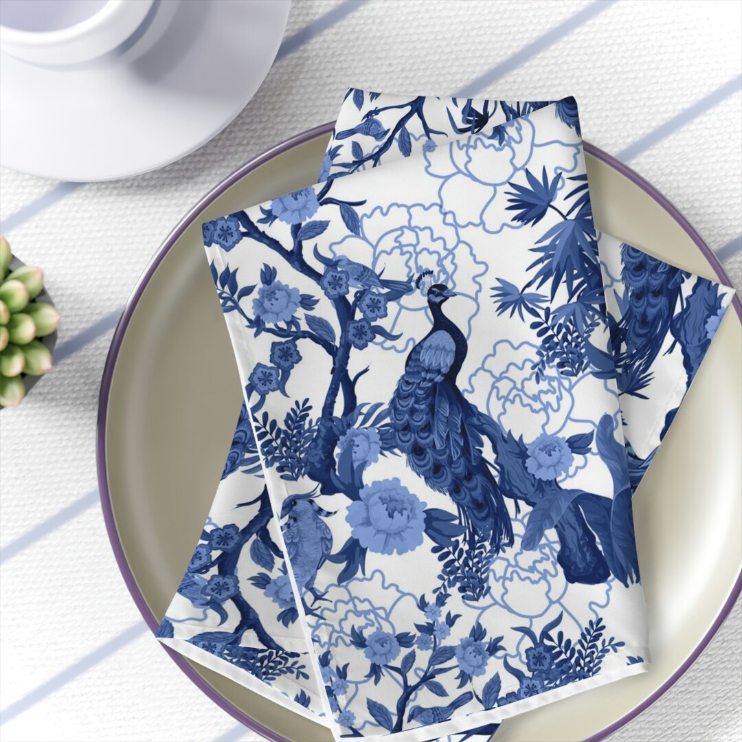 Chinoiserie Dinner Napkins, Blue, White Willow, Peacock, Floral