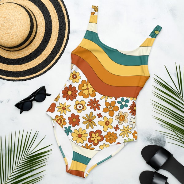 Retro Boho, Flower Power, Groovy Brown, Mod, Hipster One-Piece Swimsuit