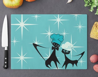 Mid Century Modern Glass Cutting Board, Atomic Cat, Aqua Blue Starburst, Him and Hers Retro Kitchen