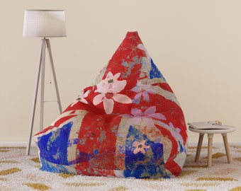 Union Jack Beanbag, British Flag, Royal Family, Retro Flowers, Grunge Distressed Modern Trendy Retro Bean Bag Chair COVER