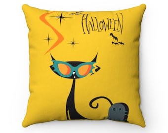 Atomic Cat Halloween Retro Yellow RIP Boomerang Starburst Mid Century Modern Spun Polyester Square Pillow