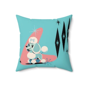 Atomic 50's Poodle Pillow, Aqua Blue, Poodle, Mid Century Modern Starburst Retro MCM Pillow And Insert