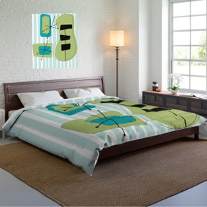 Mid Century Modern Bedding, Atomic Home Living, Retro Starburst, Geometric, Blue, Green, MCM Mod King Or Queen Custom Designed Comforter