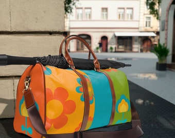 Retro Flower Power, Mod Daisy, Scandinavian Flowers, Orange, Green, Teal Hippie, Hipster Mid Mod Waterproof Travel Bag