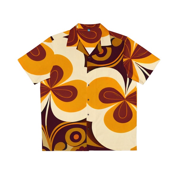 Retro Man, Mod Flower Groovy 70s Style, Brown, Golden Yellow, Funky Fun Men's Hawaiian Shirt