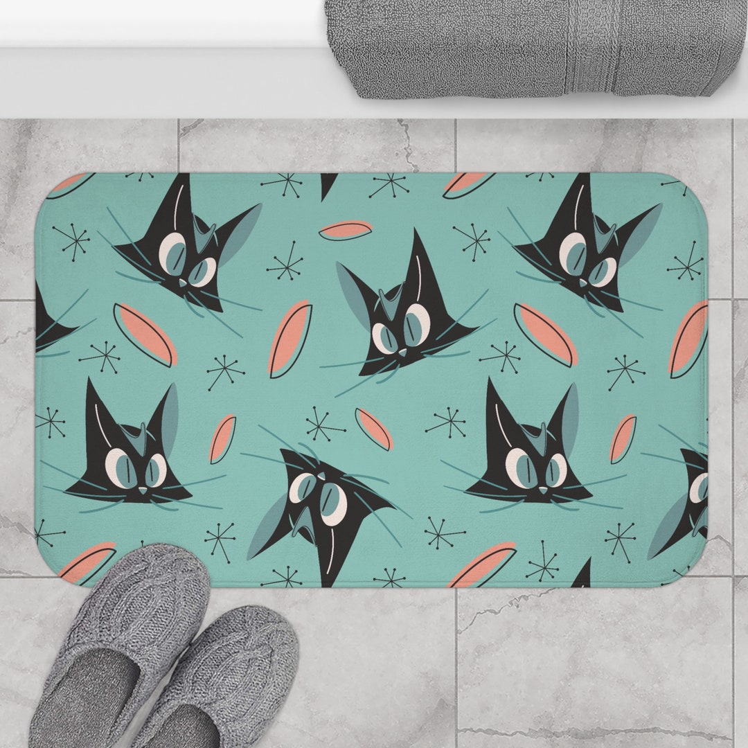 Atomic Cat Bathroom Mat, Kitschy Cute, Aqua Blue, Quirky Cat Mom, Cat ...