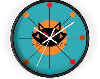 Mid Century Modern, Atomic Cat, Starburst UHR, Retro Teal Blau, Orange Mid Mod Küche, Esszimmer Wanduhr